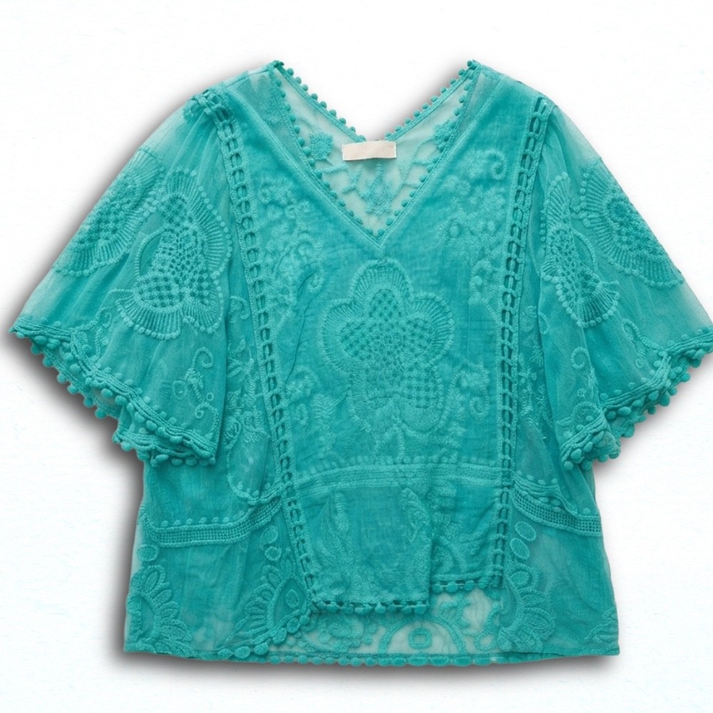Kindred+ Teal Green Embroidered Mesh Pom Pom Trim V-Neck Blouse Top 3X